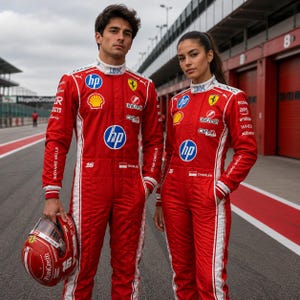 May include: Two individuals wearing matching red Ferrari racing jumpsuits with white side stripes and various sponsor logos including HP, Shell, and UniCredit. The jumpsuits feature the number 16, the name Charles, and a red racing helmet is held.