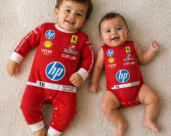 Completo tutina per neonati Charles Leclerc Ferrari, abbigliamento da corsa F1 per neonati, body Formula 1 per neonati, abbigliamento per bambini sport motoristici, completo coordinato per neonati