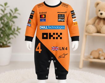 Lando Norris McLaren-babyromper, LN4 F1 Racing-babyjumpsuit, McLaren Formula 1-babyoutfit, motorsport-babykleding