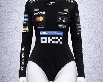 Op McLaren F1 geïnspireerde bodysuit met lange mouwen voor dames – Formule 1-outfit in racestijl