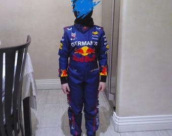 Traje de carreras de Max Verstappen de Red Bull, traje de karting de Fórmula 1, mono de carreras azul, atuendo de piloto de F1 para niños y niñas.