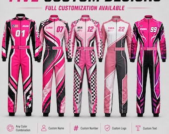 Op maat gemaakt roze racepak, gepersonaliseerde kartoverall, naam, nummer en logo, motorsport race-outfit voor dames
