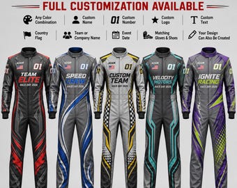 Racepak op maat, gepersonaliseerde kartoverall, naam-, nummer- en logovlag, team motorsport race-outfit
