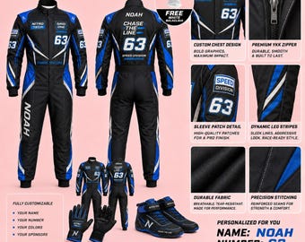 Op maat gemaakt zwart-blauw racepak, gepersonaliseerde kartoverall, motorsportoutfit met naam, nummer en logo, inclusief handschoenen, schoenen en bivakmuts.