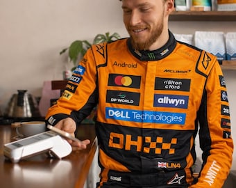 Op Lando Norris geïnspireerd McLaren F1-racepak, aangepaste motorsportoutfit, kartingkostuum voor volwassenen