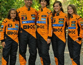 Familien passende Rennanzüge, Orange Schwarz Motorsport Overall Set, Benutzerdefiniertes Kart Racing Outfit für Kinder und Erwachsene, Formel Style Racing Wear