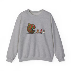 Funny Christmas Ornament Chasing Gnome Gingerbread Man Snowman Unisex Crewneck Sweatshirt