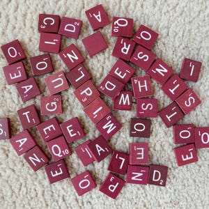 Scrabble Tiles - WHITE Letters - Red/Burgundy Tiles - Genuine Tiles