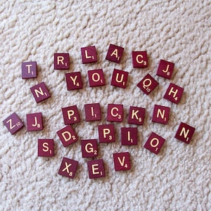 Red/Burgundy Tiles, GOLD/YELLOW Letters - Authentic Scrabble Tiles, Scrabble Letters A to Z, Scrabble Tiles