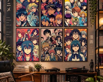 May include: Six rectangular wall art prints featuring colorful anime character collages in various styles. Each print displays a dense arrangement of diverse figures with distinct hairstyles and expressions, presented in a grid layout on a wall.
