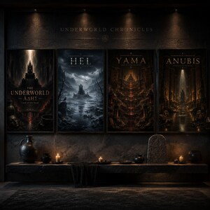 Puede incluir: Cuatro impresiones artísticas enmarcadas de la serie "Underworld Chronicles", cada una representando una escena de fantasía oscura. Los títulos incluyen "The Underworld", "Hel", "Yama" y "Anubis". La obra de arte se exhibe sobre una repisa de piedra con velas y objetos decorativos.
