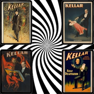 Puede incluir: Cuatro carteles vintage del espectáculo de magia de Kellar. Los carteles presentan ilustraciones del mago Kellar en varios actos, incluyendo la levitación y la autodecapitación. Los carteles están enmarcados y colocados sobre un fondo de espiral en blanco y negro.