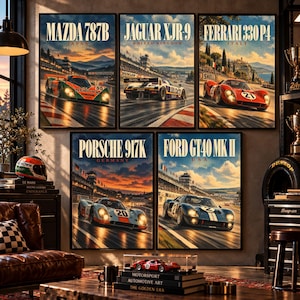 May include: A set of five framed wall art prints featuring vintage race cars: Mazda 787B, Jaguar XJR-9, Ferrari 330 P4, Porsche 917K, and Ford GT40 MK II. Each print displays the car model, country of origin, and a dynamic track scene.