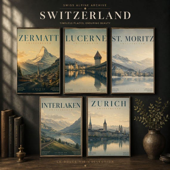 Vintage Switzerland Travel Posters, Zermatt Lucerne Zurich Alpine