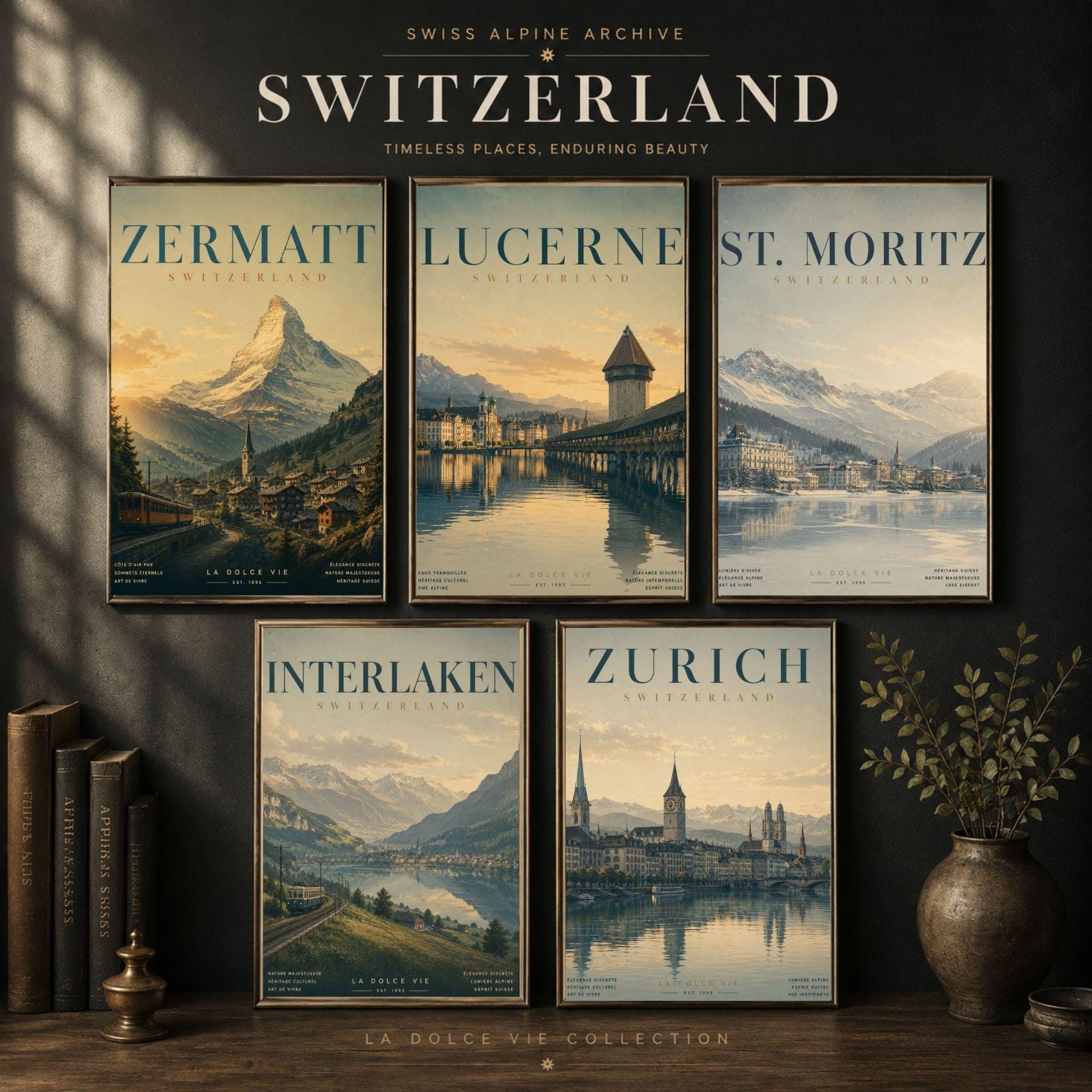 Vintage Switzerland Travel Posters, Zermatt Lucerne Zurich Alpine