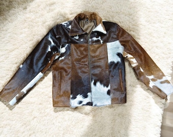 Handmade Cowhide Leather Jacket Brown White Western Patchwork Hair On Hide Jacket