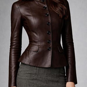 Handmade Brown Leather Peplum Jacket Women Fitted Cowhide Style Buttoned Elegant Coat