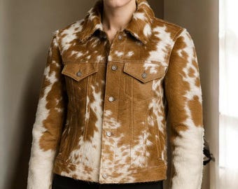 Handmade Cowhide Leather Jacket Brown White Hair On Hide Western Style Coat