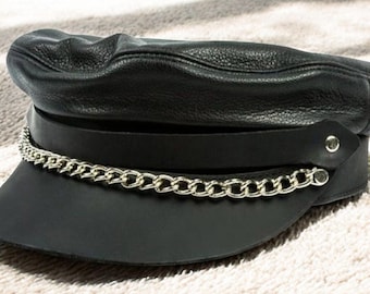 Handmade Black Leather Cap Genuine Leather Chain Detail Biker Style Unisex Fashion