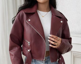 Handmade Burgundy Leather Biker Jacket Women Cropped Moto Style Real Leather Zip Fashion