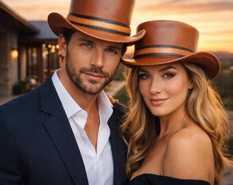 Handmade Brown Leather Top Hat Western Style Smooth Finish Classic Statement Hat