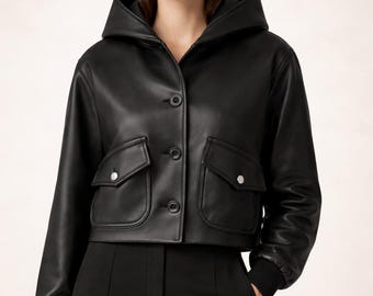 Handmade black leather hoodie jacket, cropped modern style women’s outerwear, soft luxe design