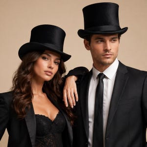 Könnte beinhalten: Zwei schwarze Zylinderhüte. Einer wird von einer Person getragen, die einen schwarzen Blazer und ein schwarzes Spitzentop trägt. Der andere wird von einer Person getragen, die einen schwarzen Anzug, ein weißes Hemd und eine schwarze Krawatte trägt. Der Hintergrund ist beige.