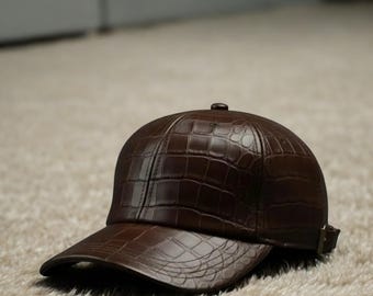 Handmade Brown Embossed Leather Baseball Hat Genuine Leather Crocodile Style For Men Women