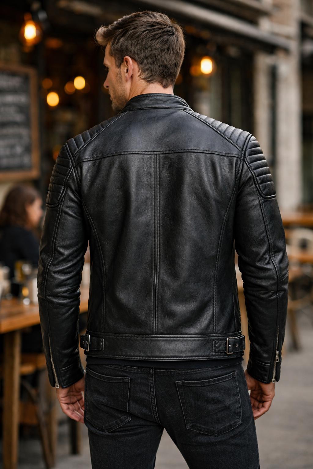 Handmade Black Leather Cafe Racer Motorcycle Jacket Mens Biker Style ...