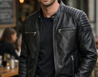 Handmade Black Leather Cafe Racer Motorcycle Jacket Mens Biker Style Genuine Leather