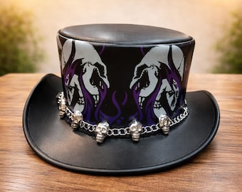 Black Leather Top Hat, Genuine Leather, Skull Purple Design, Gothic Style Handmade