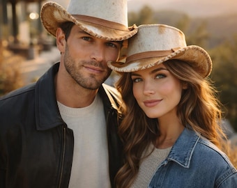 Handmade Cowhide Leather Top Hat Western Style Hair On Hide Wide Brim Hat