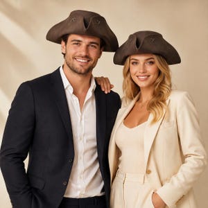Op de afbeelding: Twee mensen dragen bruine steekhoeden met decoratieve stiksels. De hoeden hebben een brede rand en een kenmerkende vorm. De persoon links draagt een marineblauwe blazer en een wit overhemd. De persoon rechts draagt een crèmekleurige blazer en een bijpassende broek.