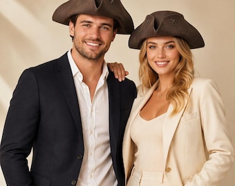 Peut inclure: Deux personnes portant des chapeaux tricorne bruns avec des coutures décoratives. Les chapeaux ont un large bord et une forme distinctive. La personne de gauche porte un blazer bleu marine et une chemise blanche. La personne de droite porte un blazer crème et un pantalon assorti.