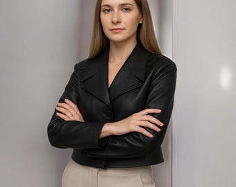Handmade black leather cropped jacket, minimalist short coat for women, soft outerwear