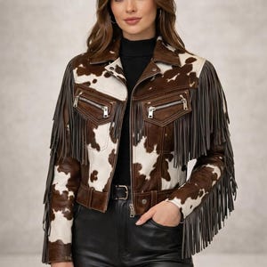 Handgefertigte Rindsleder Braun Weiß Western Fransen Jacke Frauen Western Stil Mantel Bild 1