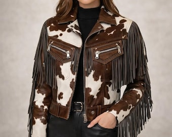 Handmade cowhide leather brown white western fringe jacket women western style coat