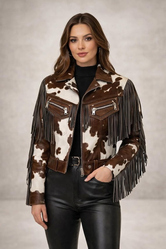 Handmade cowhide leather brown white western fringe jacket women western style coat