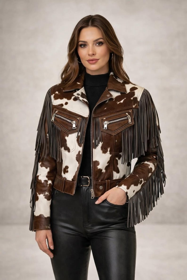 Handgefertigte Rindsleder Braun Weiß Western Fransen Jacke Frauen Western Stil Mantel Bild 1