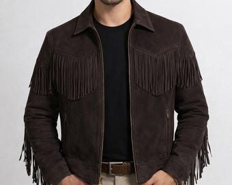 Western cowboy style men’s fringe coat,Handmade brown suede leather fringe jacket