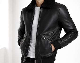 Handmade Black Leather Bomber Jacket with faux Shearling Collar Winter Aviator Style