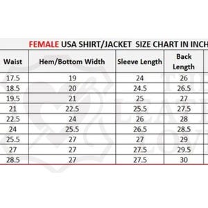 K&ouml;nnte beinhalten: Gr&ouml;&szlig;entabelle f&uuml;r Damen-Shirts und -Jacken in den USA, mit Ma&szlig;en in Zoll. Die Tabelle umfasst die Gr&ouml;&szlig;en XS bis 5XL und gibt Brust-, Taillen-, Saum-, &Auml;rmel-, R&uuml;cken-, Schulter-, Muskel- und Manschettenma&szlig;e an.