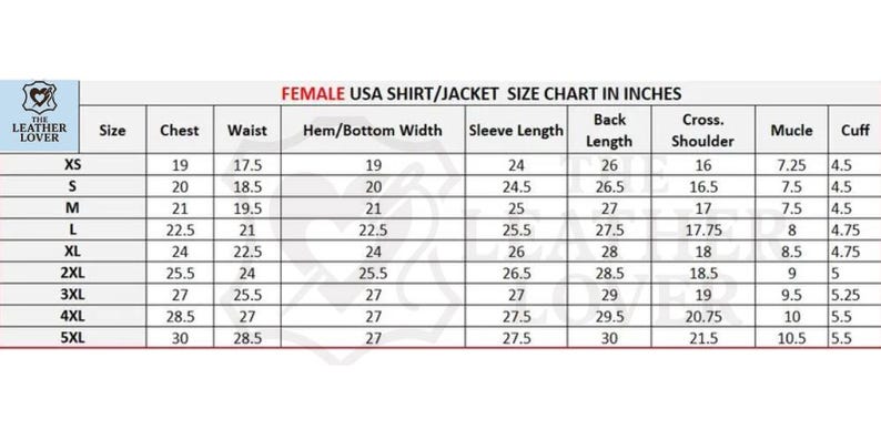 K&ouml;nnte beinhalten: Gr&ouml;&szlig;entabelle f&uuml;r Damen-Shirts und -Jacken in den USA, mit Ma&szlig;en in Zoll. Die Tabelle umfasst die Gr&ouml;&szlig;en XS bis 5XL und gibt Brust-, Taillen-, Saum-, &Auml;rmel-, R&uuml;cken-, Schulter-, Muskel- und Manschettenma&szlig;e an.