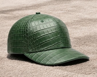 Handmade Green Embossed Leather Baseball Hat Genuine Leather Crocodile Style