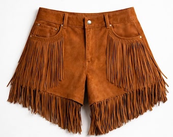 Shorts de cuero con flecos, cuero de gamuza auténtica, color marrón, estilo boho occidental, hechos a mano para mujer.