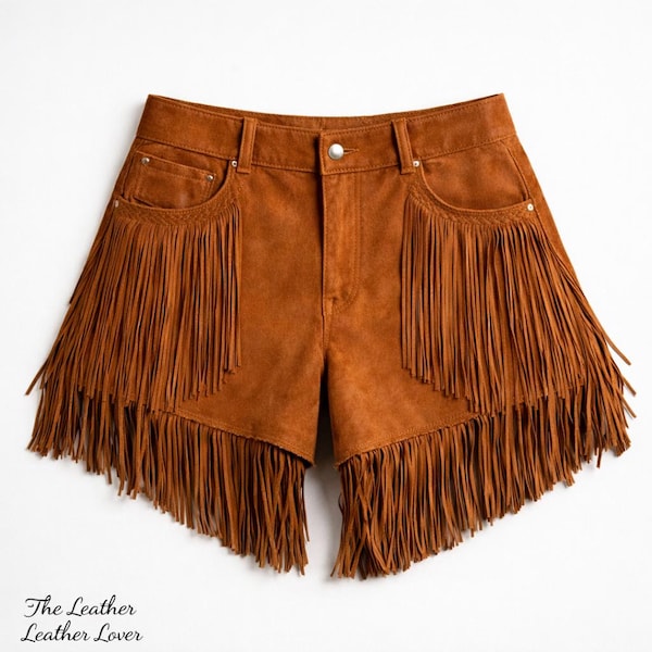 Leather Fringe Shorts, Genuine Suede Leather, Brown Color, Western Boho Style Handmade Women