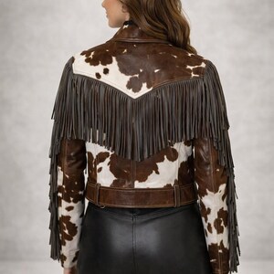Handgefertigte Rindsleder Braun Weiß Western Fransen Jacke Frauen Western Stil Mantel Bild 2