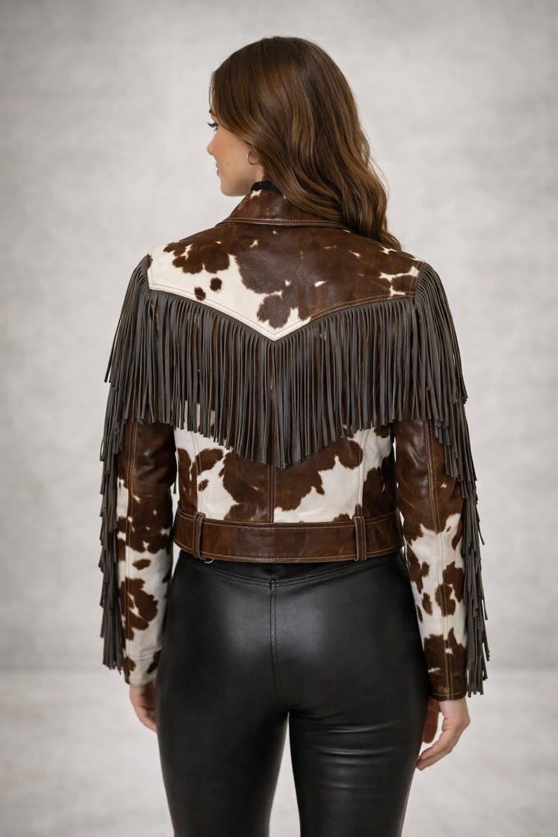Handgefertigte Rindsleder Braun Weiß Western Fransen Jacke Frauen Western Stil Mantel Bild 2