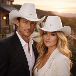 May include: A man and a woman wearing white cowboy hats with decorative stitching and silver studs. The man is wearing a black suit jacket and white dress shirt. The woman is wearing a cream-colored blazer. The background features a sunset and a rustic building.