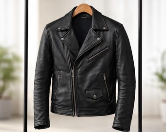 Handmade Black Leather Biker Jacket Mens Motorcycle Style Genuine Cowhide Classic Rider